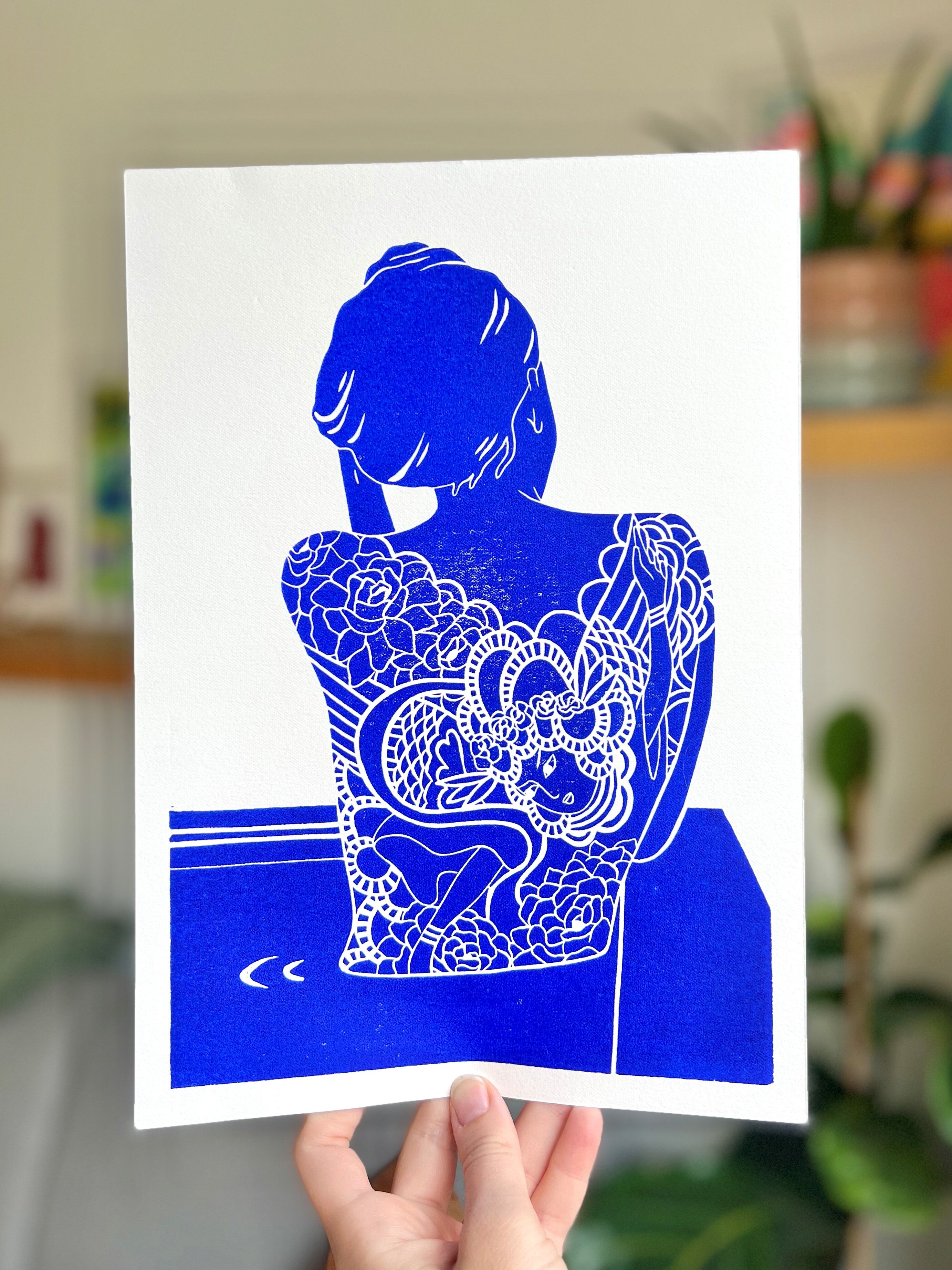 Original linocut - Tattooed Japanese woman