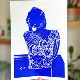 Linogravure originale - Femme japonaise tatouée