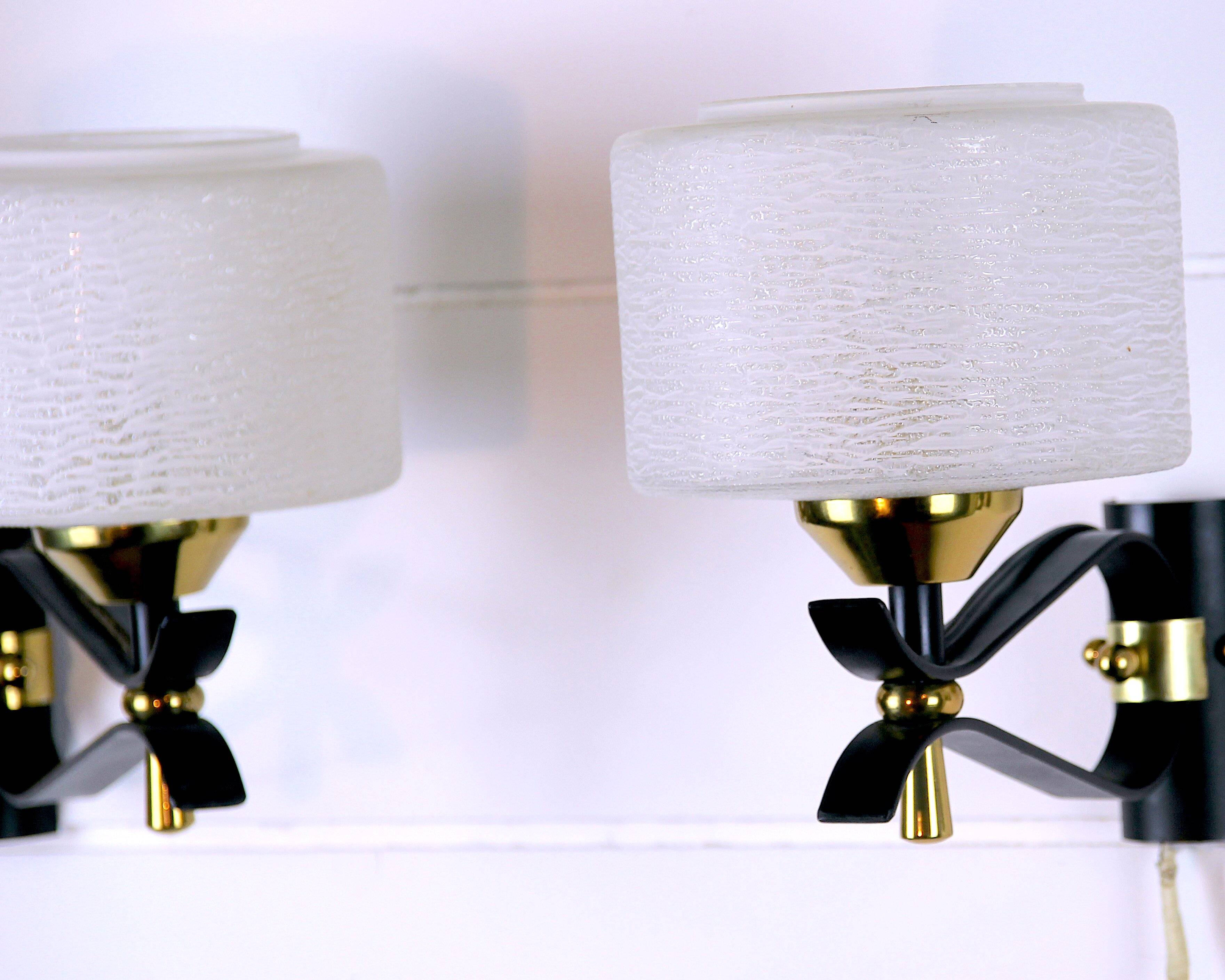 Pair of double wall sconces, Maison Arlus, Mid-Century, black brass opaline