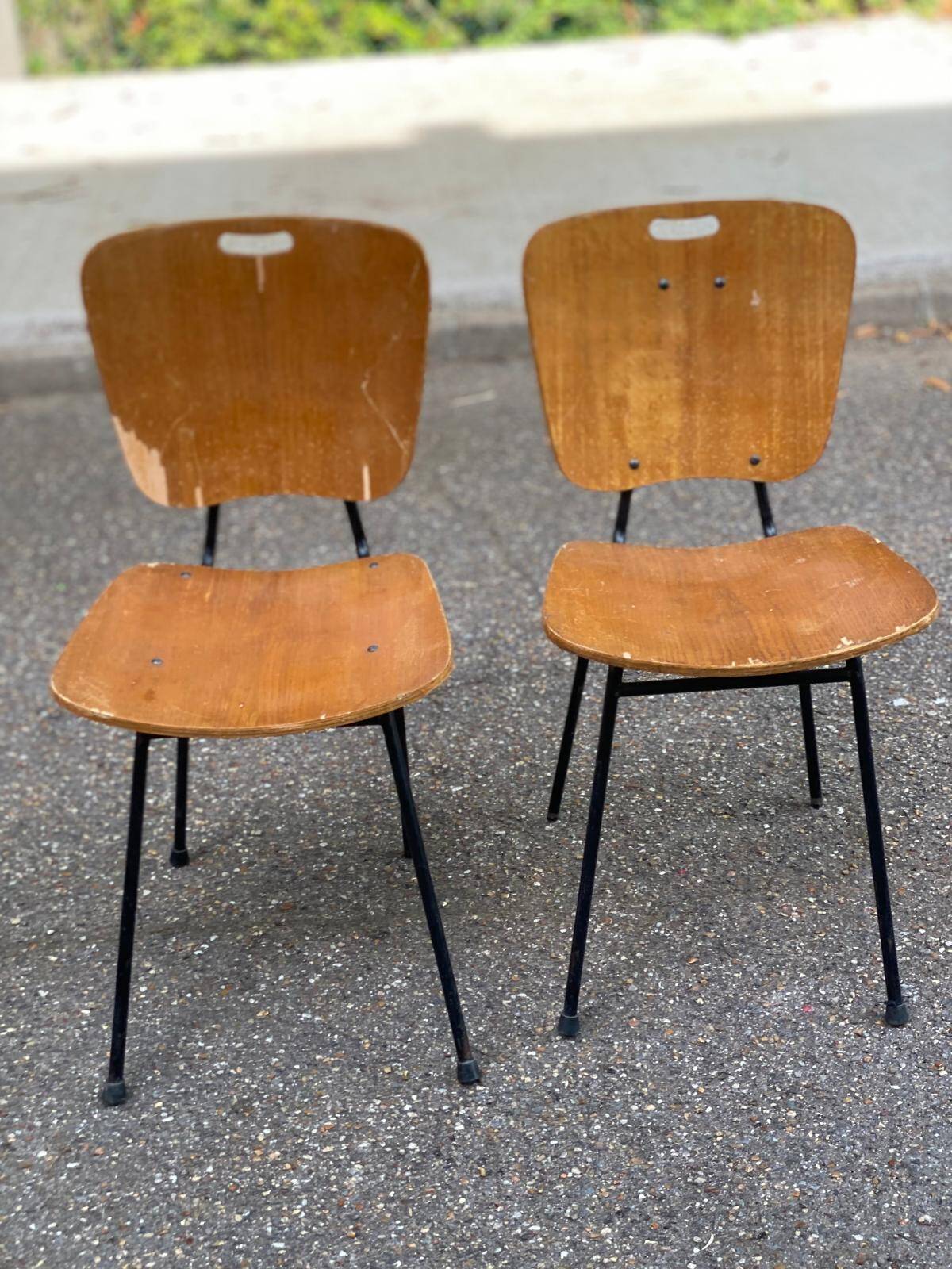 2 workshop chairs in wood and black steel, 1950s