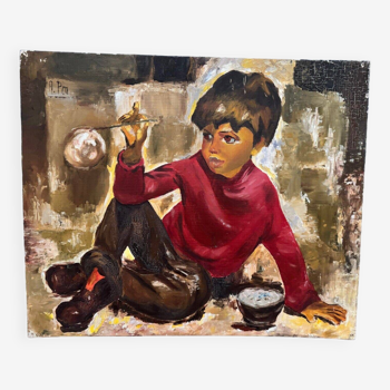 Oil on cardboard by A. Pon child blowing a bubble 1960