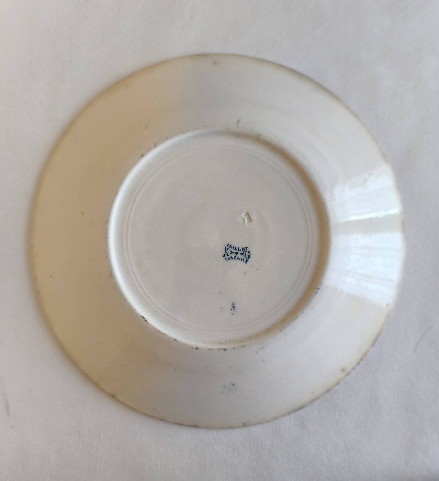 Two ironstone plates from Lunéville Keller and Guérin with a floral pattern.