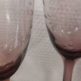 3 purple crystal flutes with finely engraved patterns from the 70s