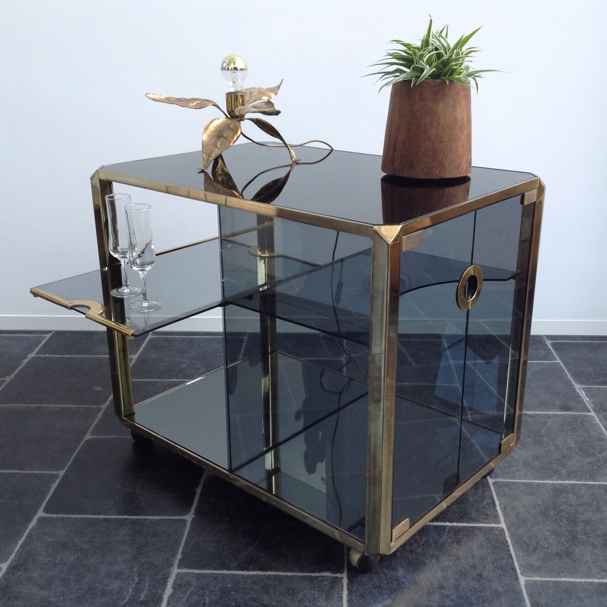 Bar Trolley in Brass & Smoked Glass by Mario Sabot, 1973