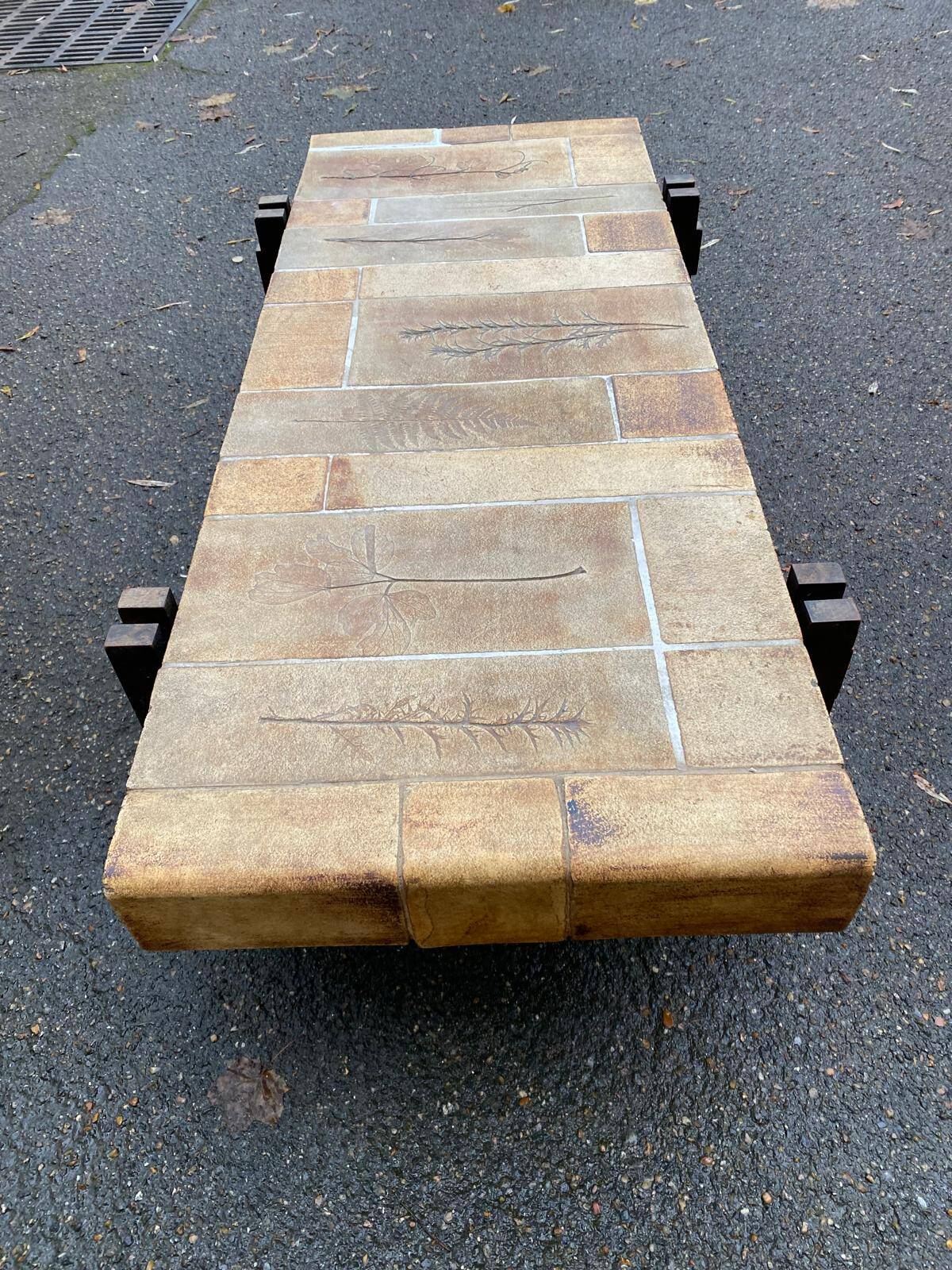 Vintage rectangular coffee table by Roger Capron, ceramic and herbarium design, 120cm