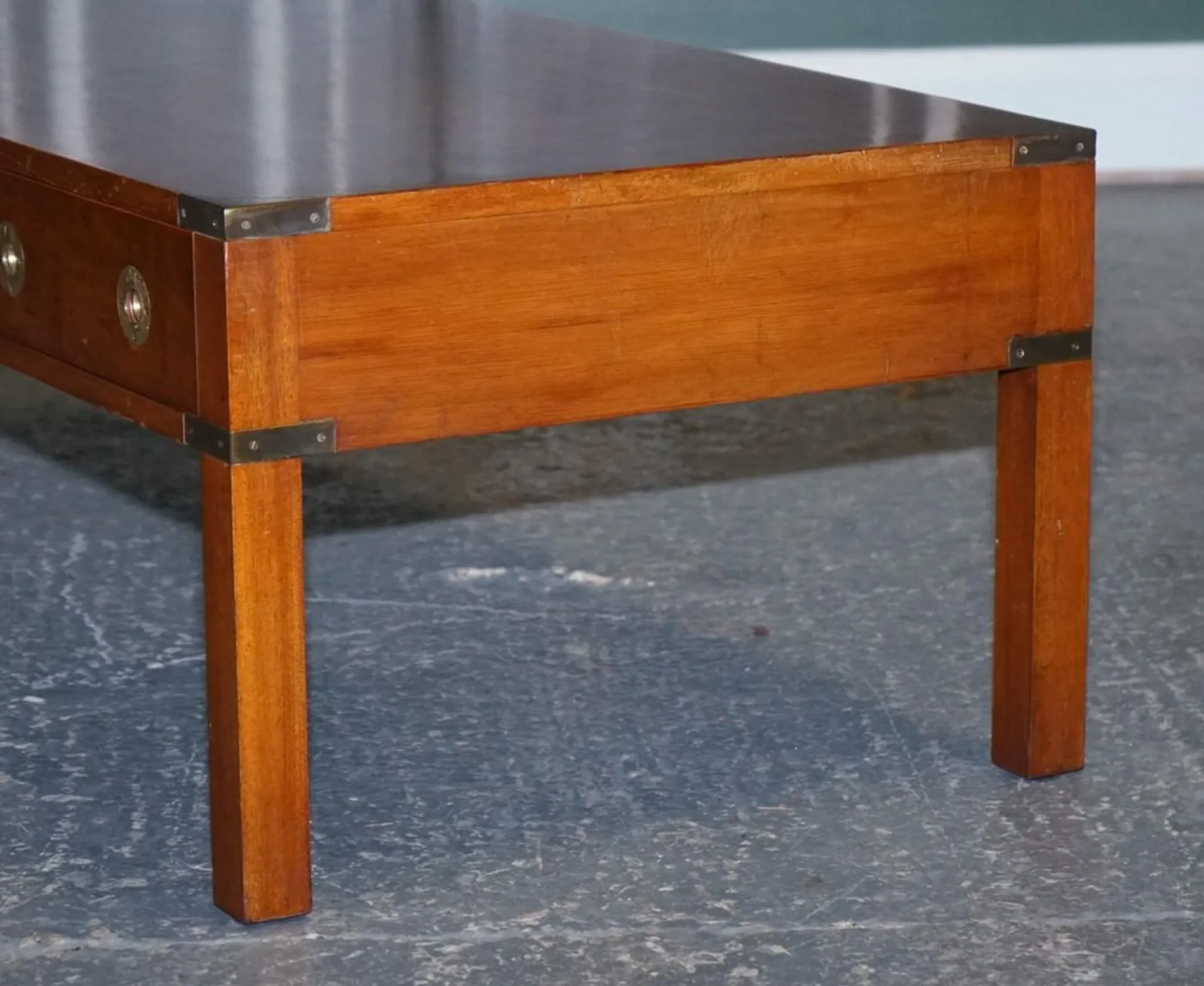 Coffee Table with 3 Drawers Military Campaign in Yew Wood, Elm and Brass, 1950s