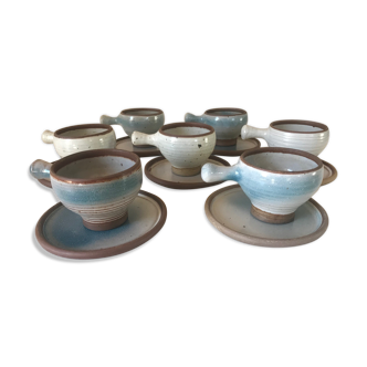 Lot 7 tasses et soucoupes grès par Roger Jacques vintage