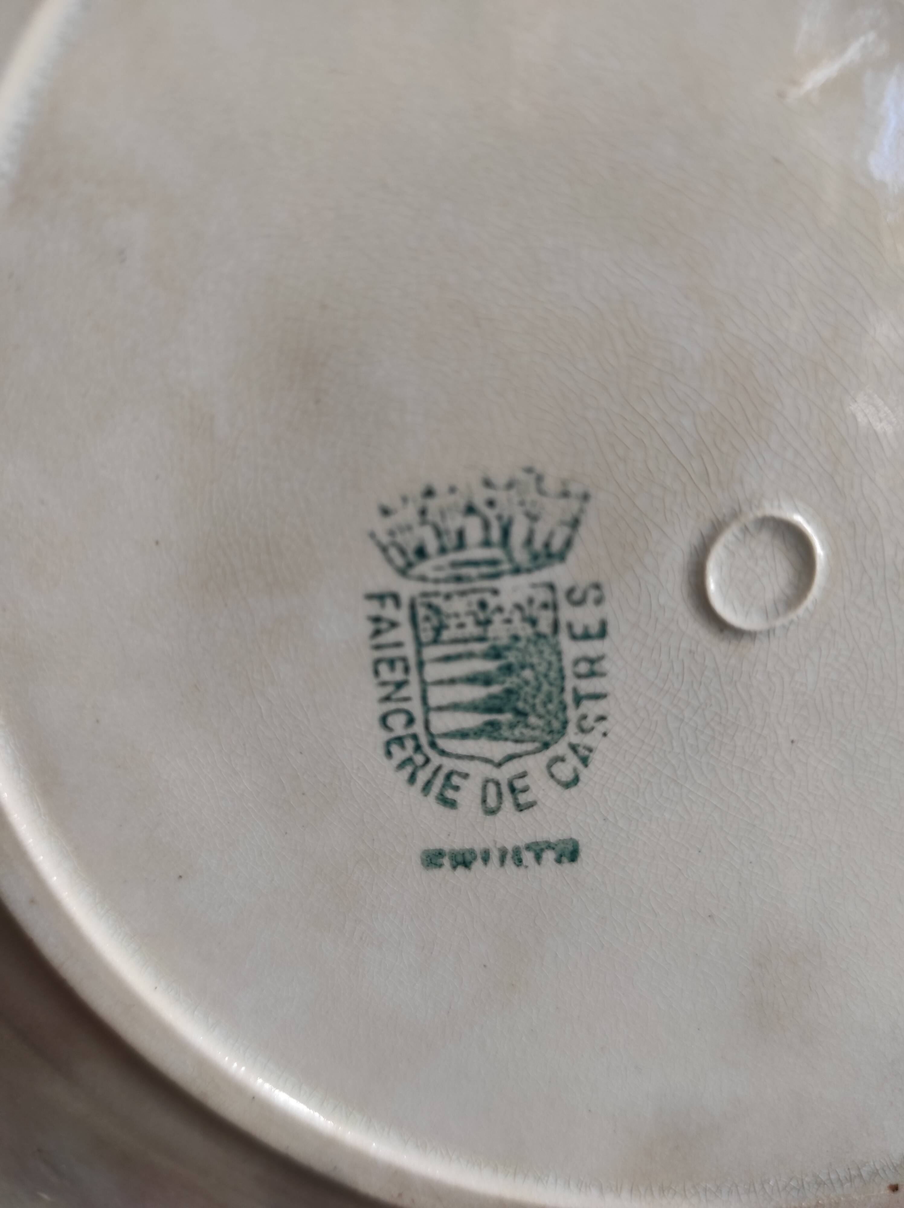 French antique barbotine plate decorated with stencil of grapes, faience de Castres