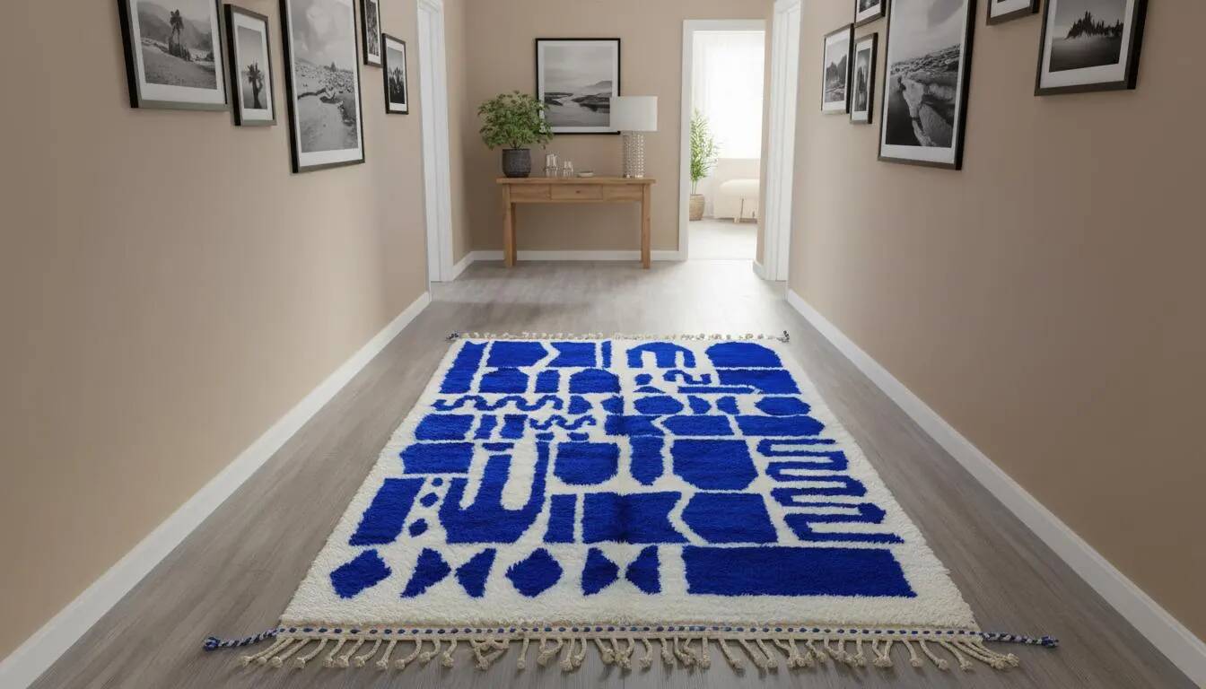 Handwoven Moroccan rug, natural wool, 250cm x 150cm, elegant decoration.