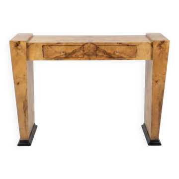 An Art Deco desk made of beech wood and elm burl with 2 drawers.