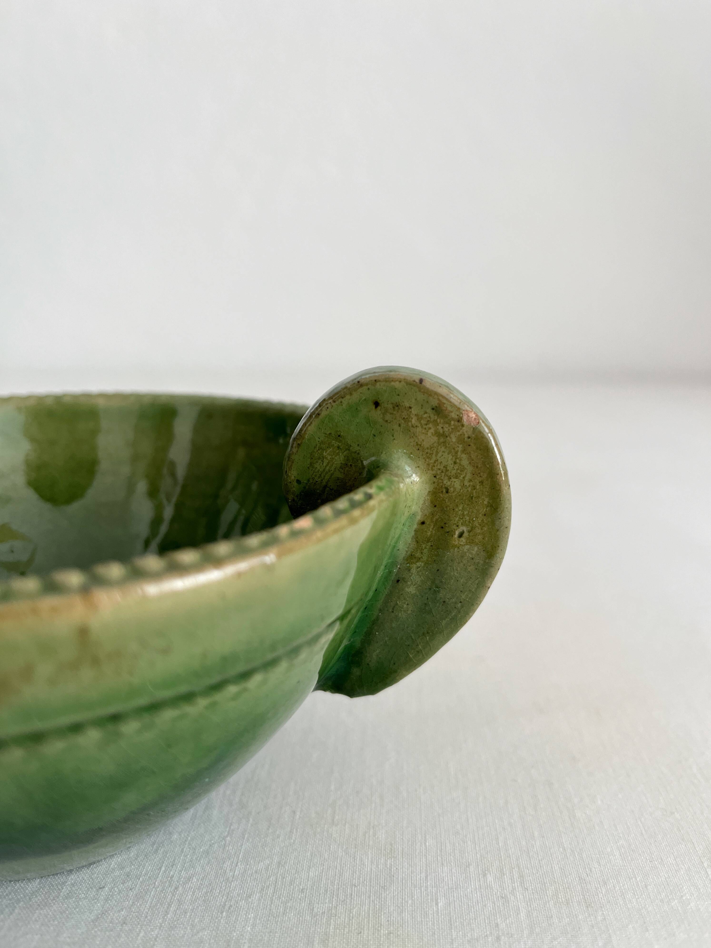 Antique green glazed ceramic bowl with handles, Tamegroute type