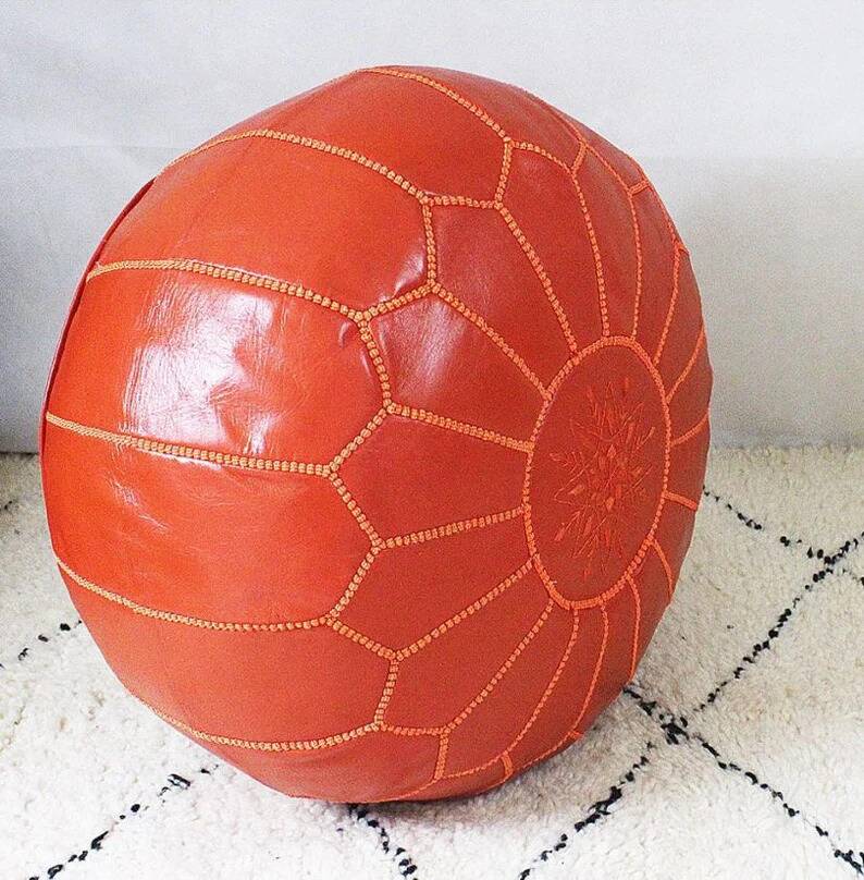 Moroccan leather pouf, Moroccan ottoman pouf, orange Moroccan pouf, vintage