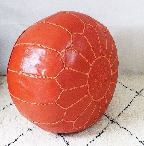 Pouf en cuir marocain, pouf ottoman marocain, pouf marocain orange, vintage
