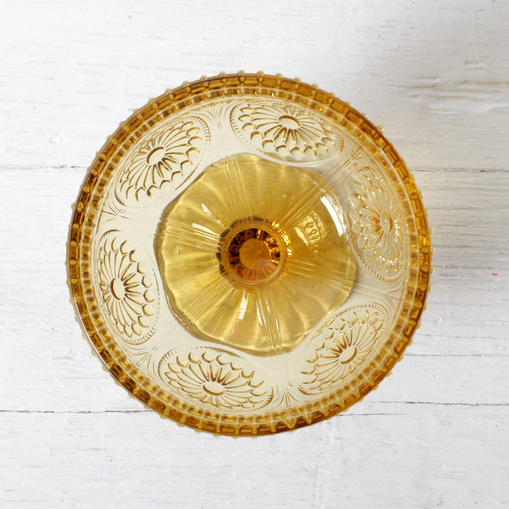 Godinger Amber Honey Pressed Glass Pedestal Bowl – Vintage USA 2000s