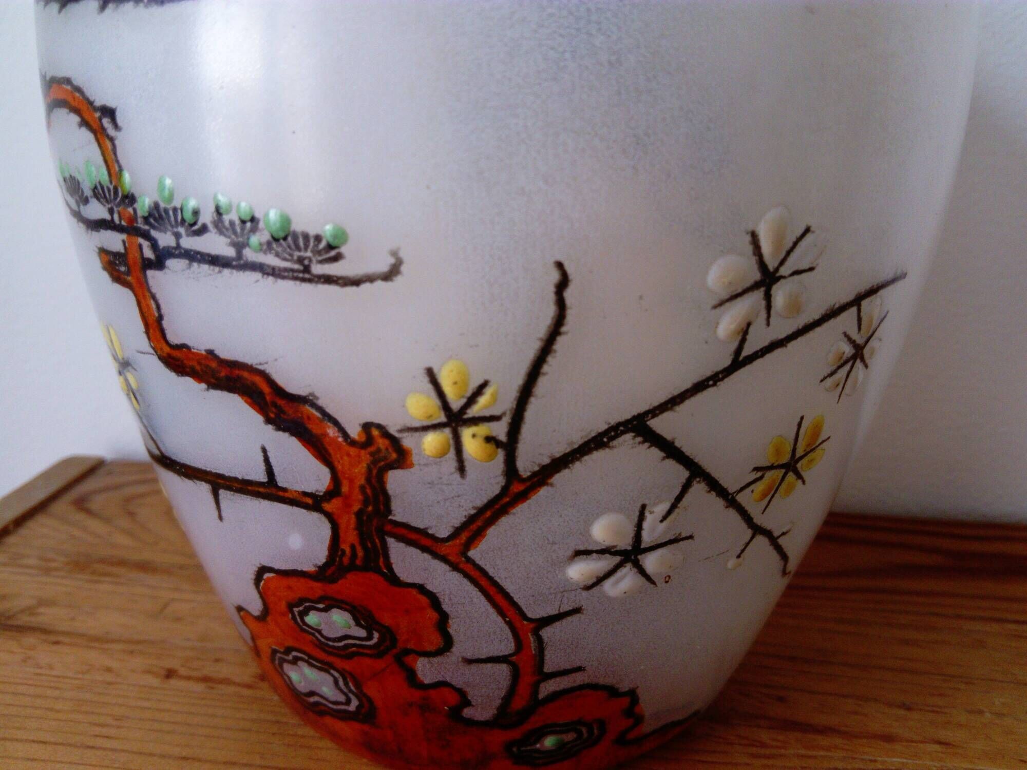 frosted glass cookie bucket with Japanese decoration. Art Nouveau