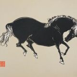 Mokuchu URUSHIBARA: Japanese print, horse bowing (cream), woodblock print, signed