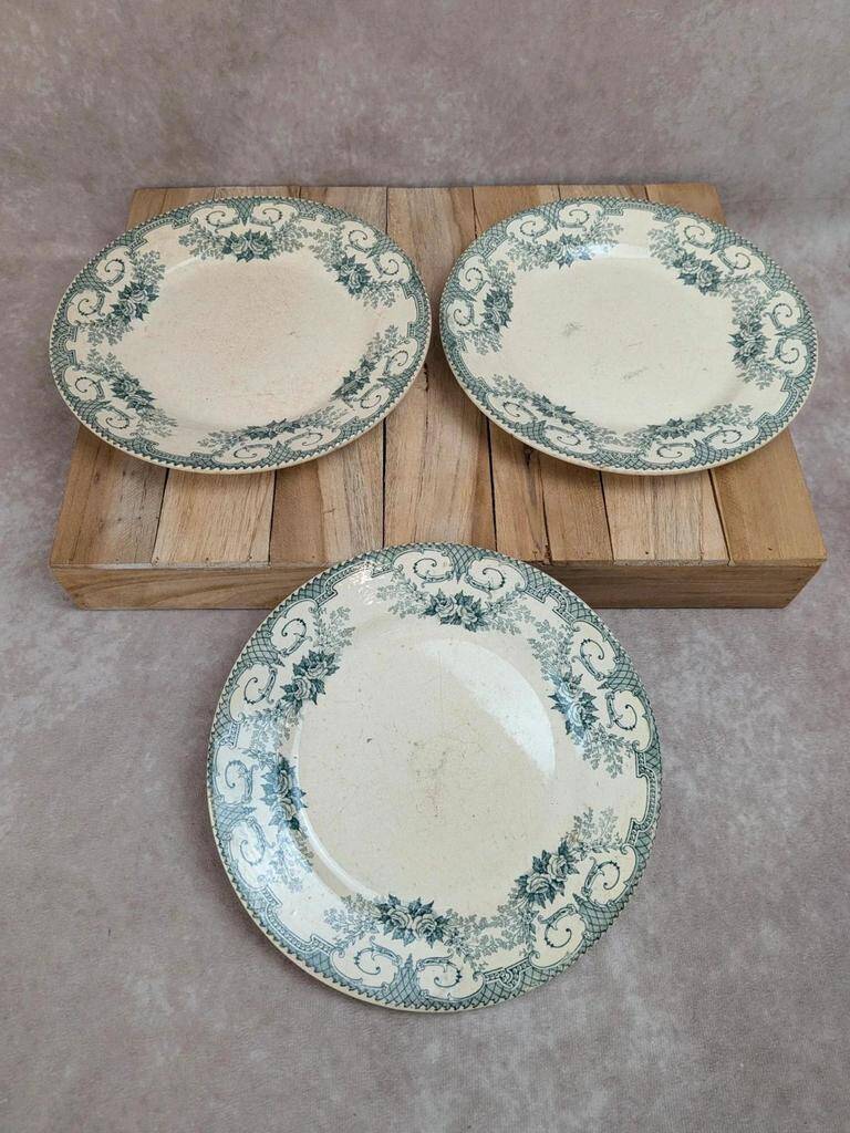 Set of 3 antique flat plates made of ironstone from the Debray Establishments, Clichy service.