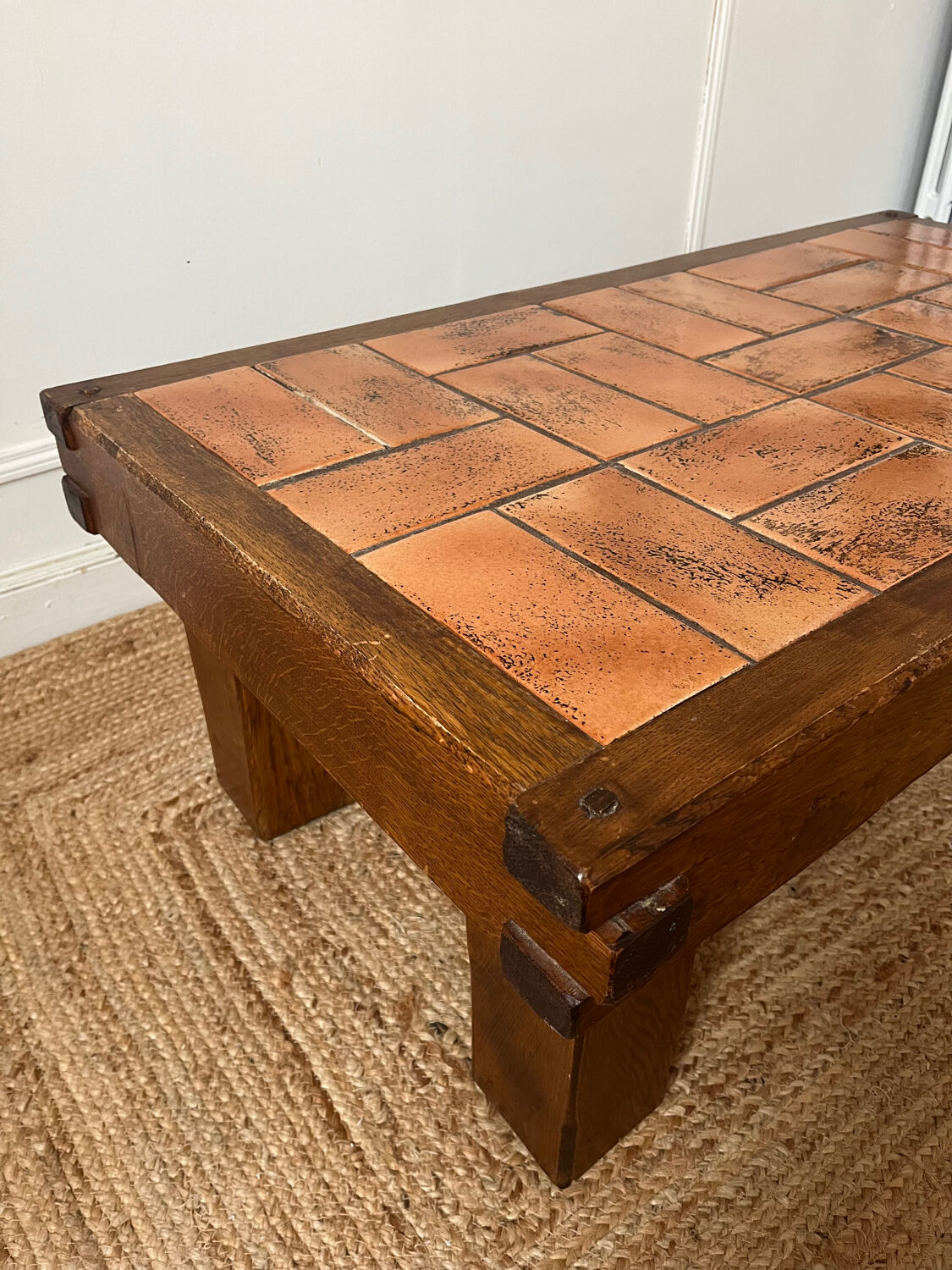 Oak and ceramic coffee table from the mid-20th century.