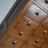 Large dutch oak apothecary cabinet / barber cabinet with enamel shields, 1900s