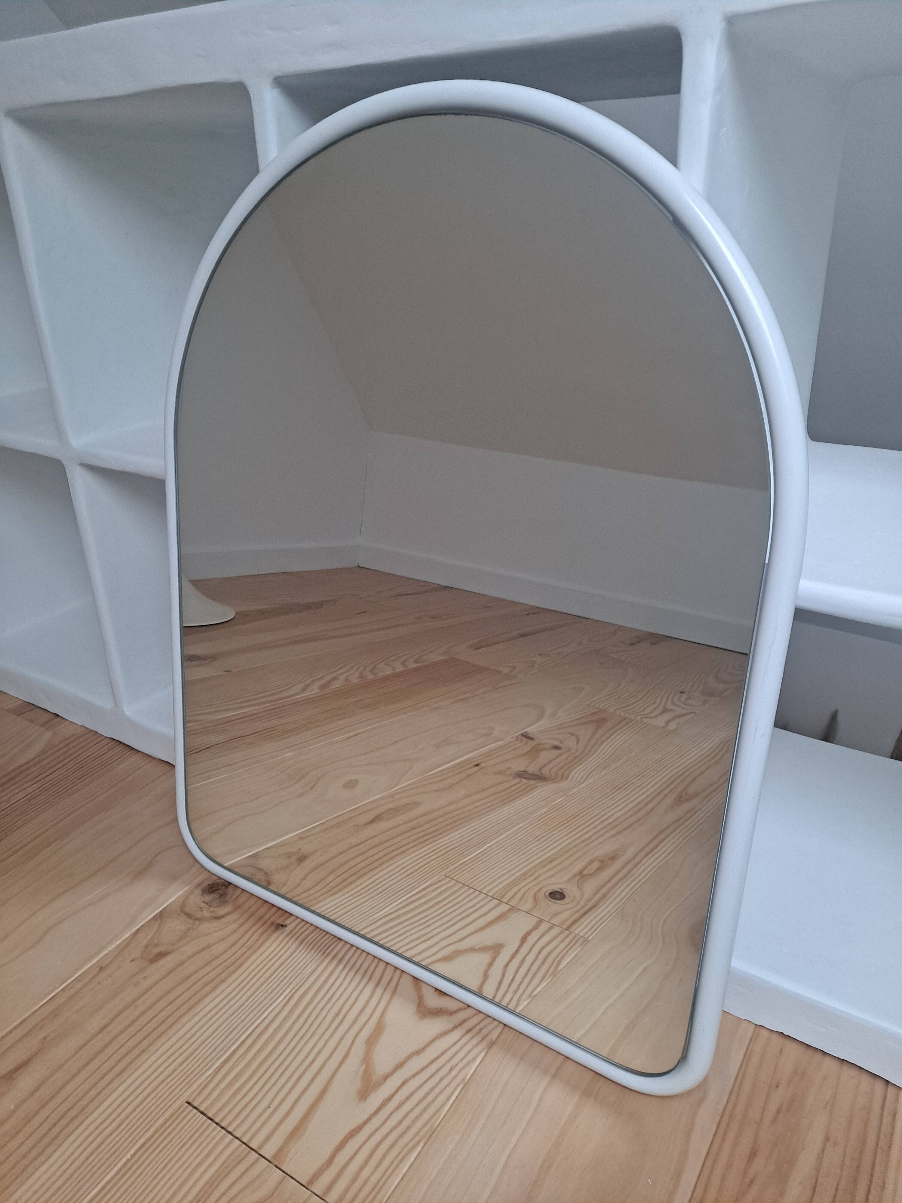 Arch mirror in white tubular steel frame from the 80s