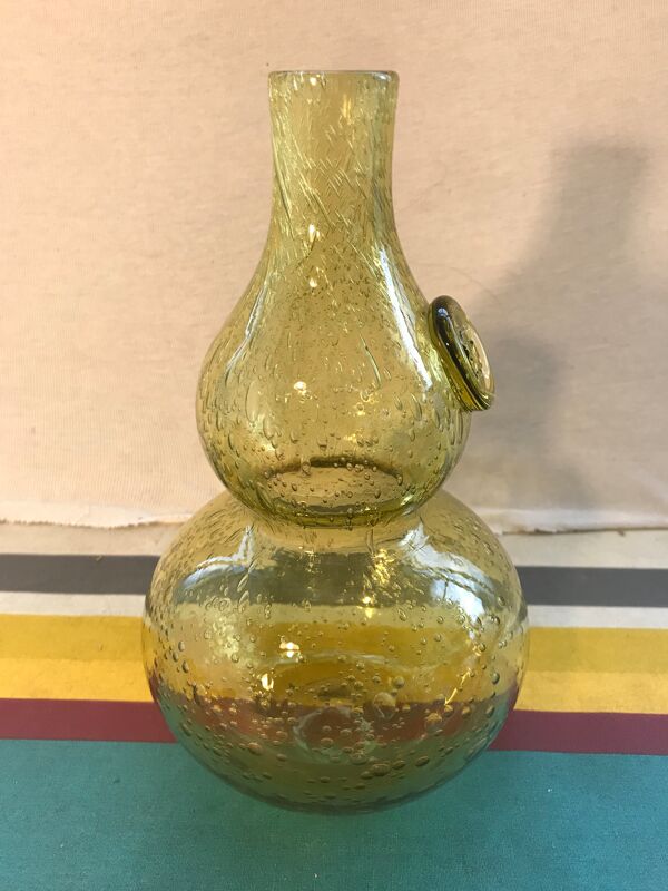 Paire d'ancienne bouteilles Biot verre soufflé bullé jaune avec bouchon