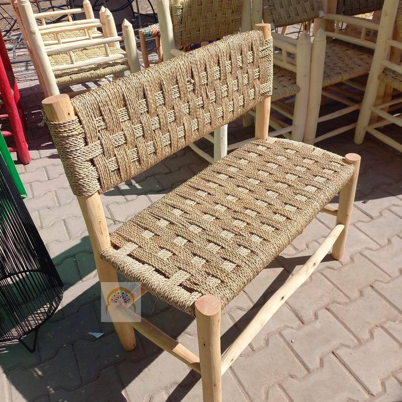 Moroccan Wooden Bench with Palm Leaf Cord Entryway and Living Room Boh