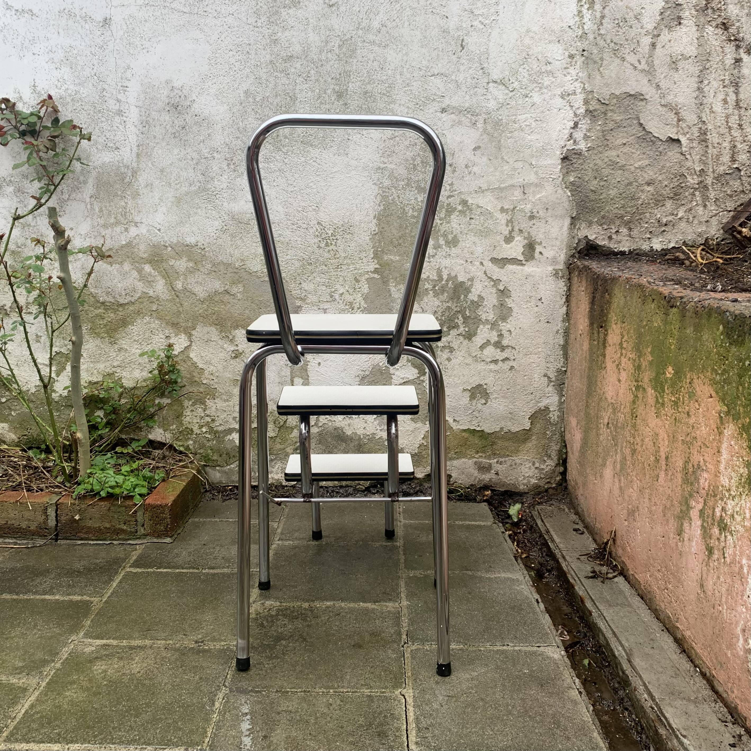 Vintage stepladder in Formica, wood and chromed metal