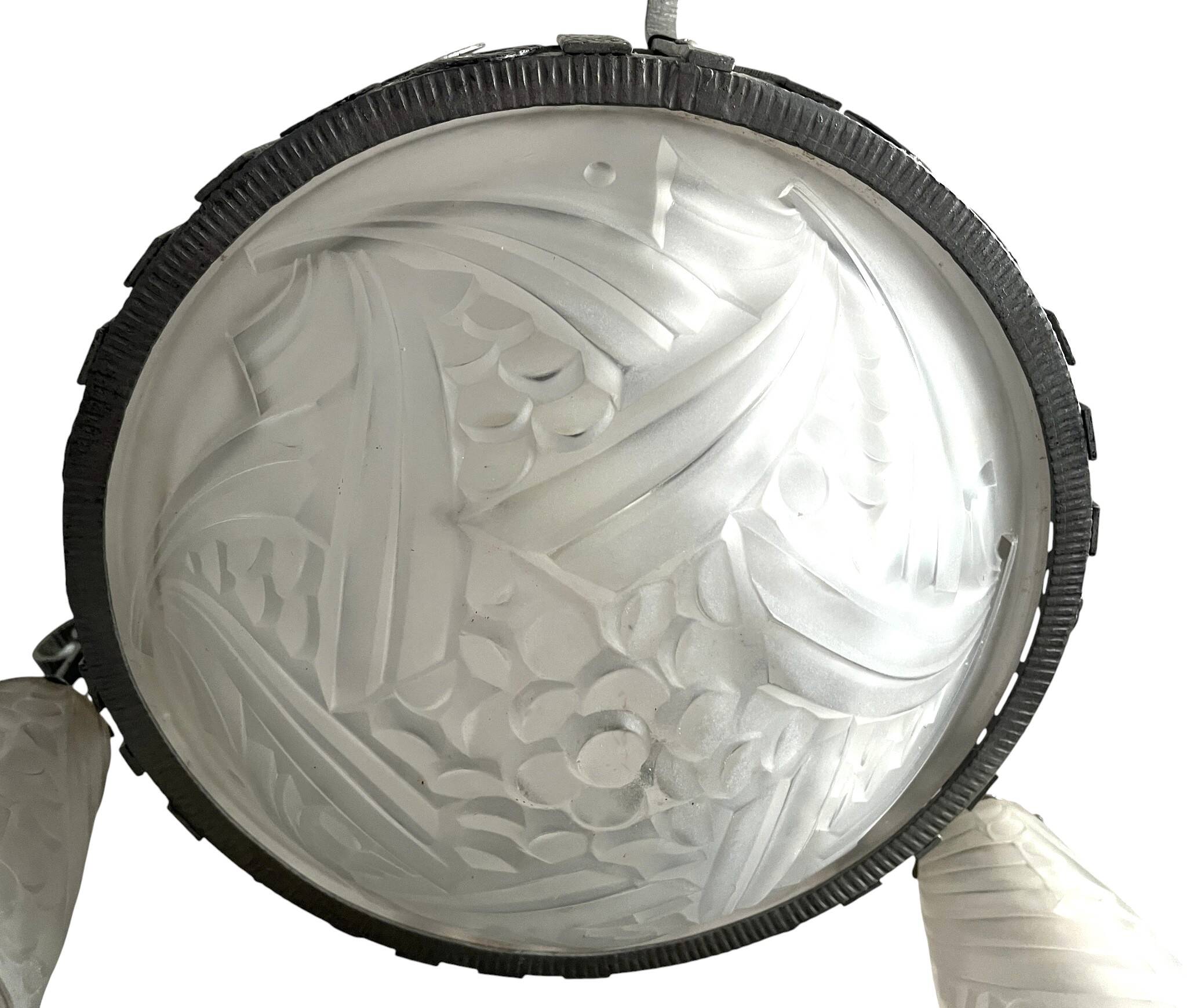 Art Deco, 4-light chandelier, wrought iron, pressed glass, Dugué Negra, circa 1930.