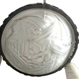 Art Deco, 4-light chandelier, wrought iron, pressed glass, Dugué Negra, circa 1930.