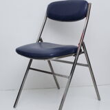 Folding blue skaï chair - chrome legs