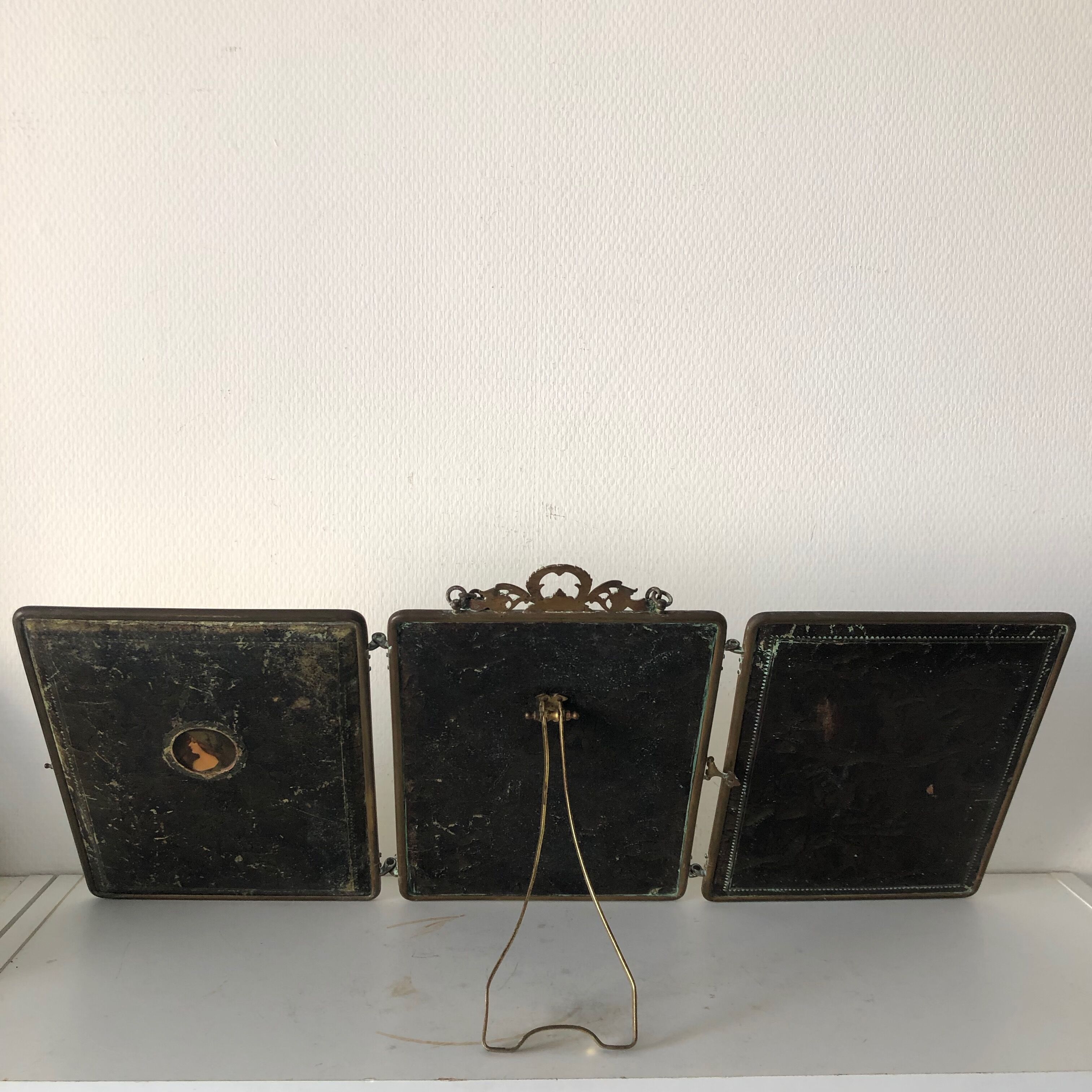 Mirror triptych Barber brass nickeled vintage 1920, 28x67cm