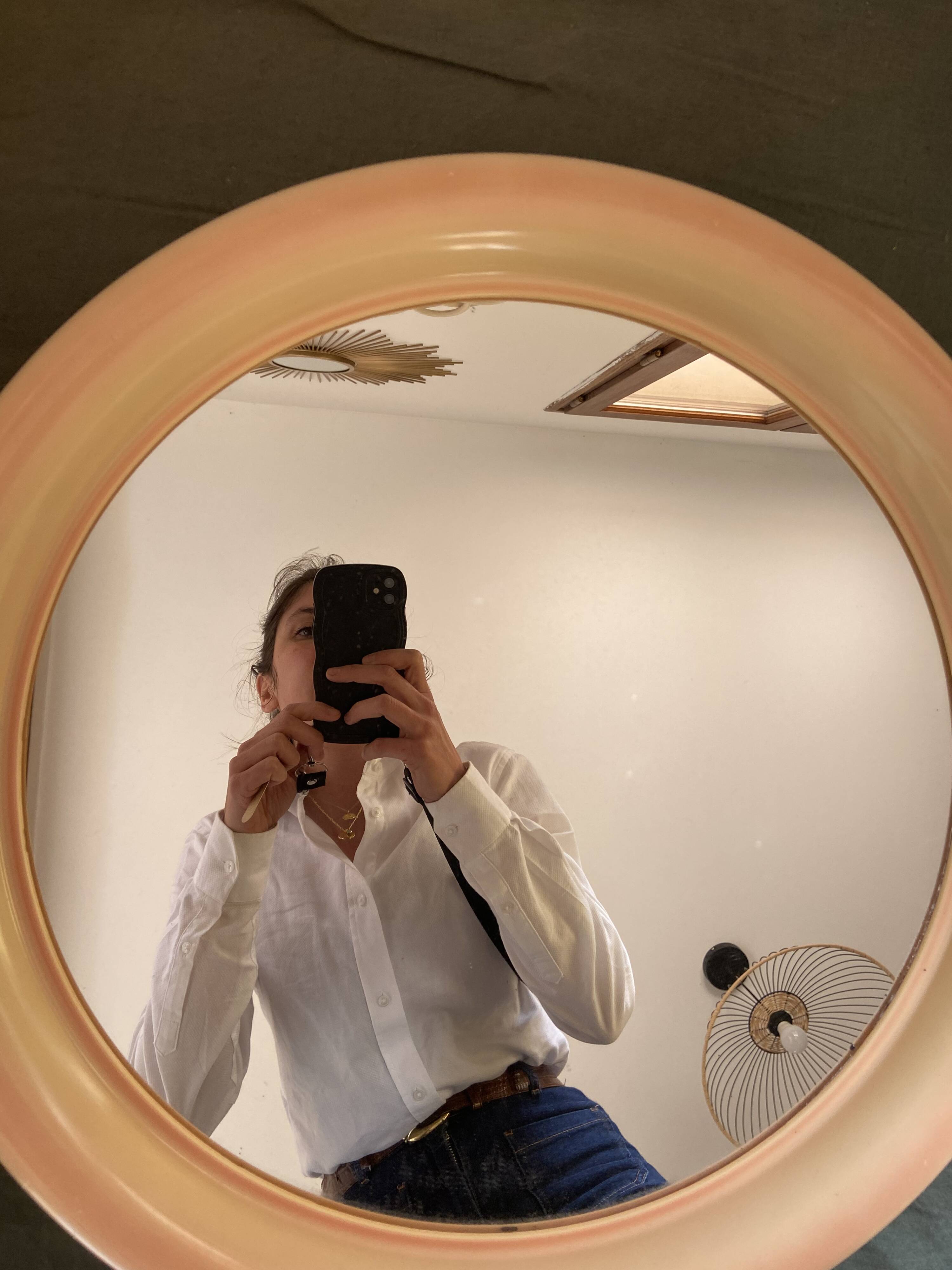 Round Beige and Coral Plastic Wall Mirror from the 70s-80s