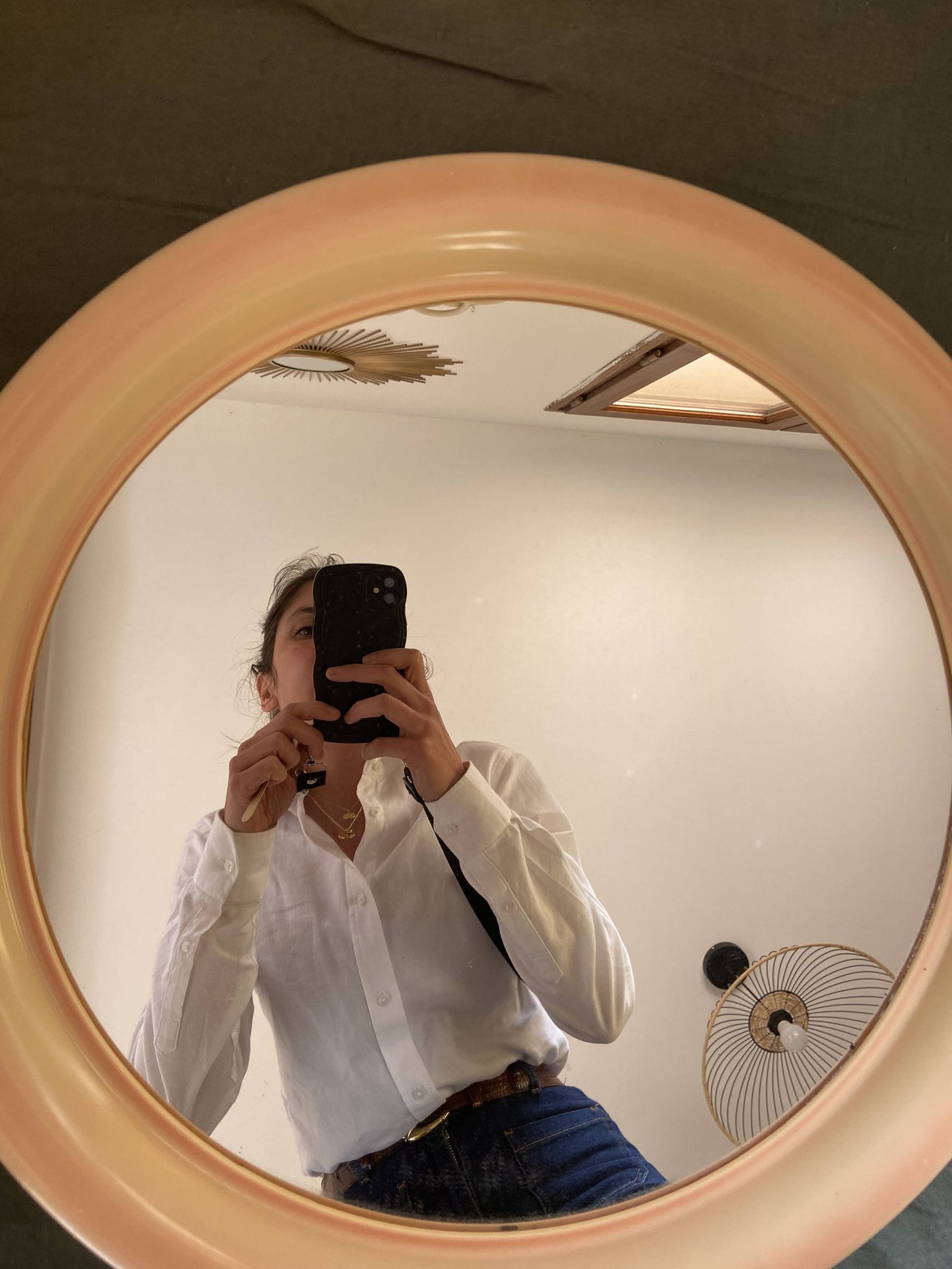 Round Beige and Coral Plastic Wall Mirror from the 70s-80s