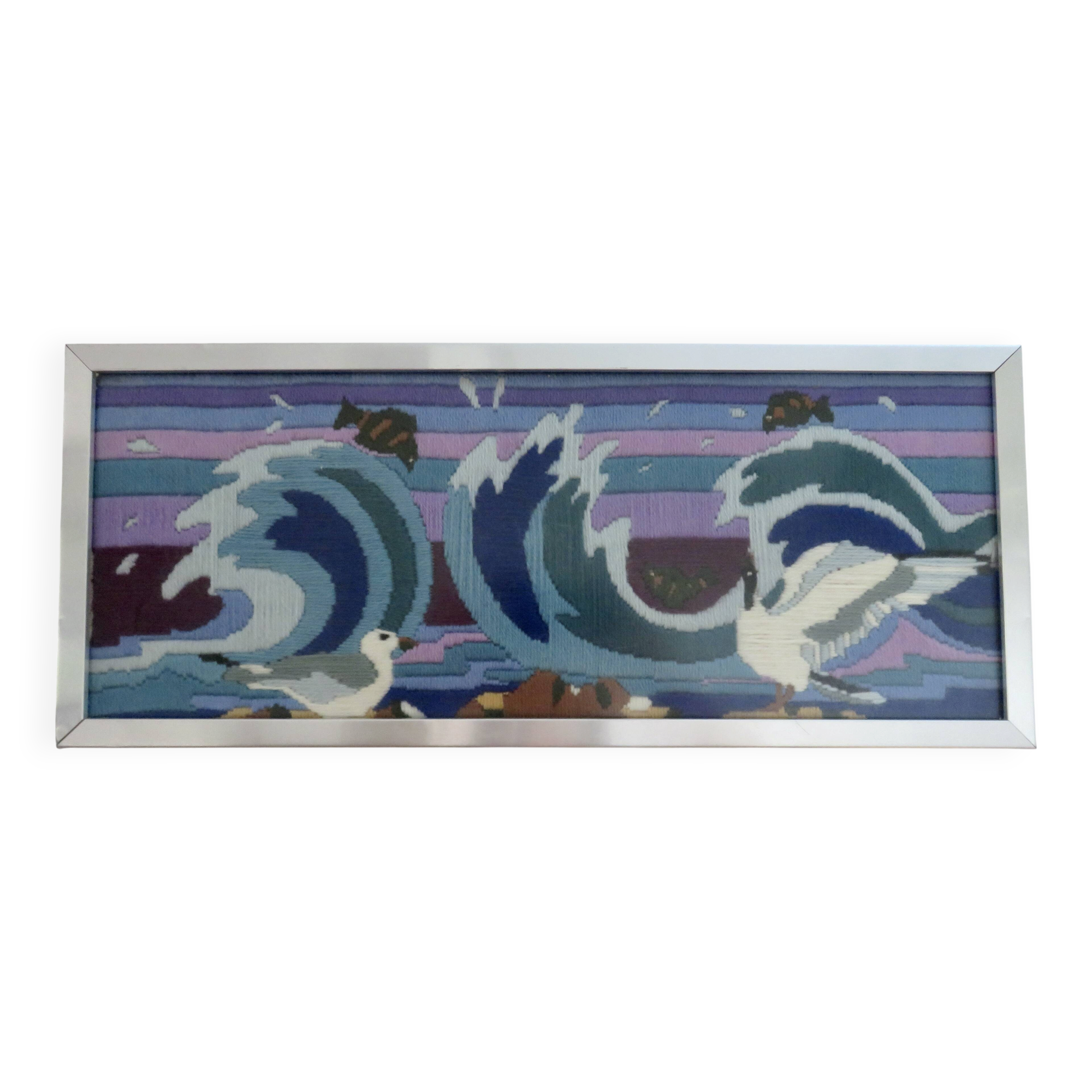 Futuristic tapestry, made of wool, framed, seagulls, ocean, fish, 1970.