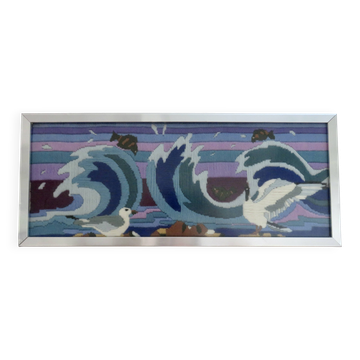 Futuristic tapestry, made of wool, framed, seagulls, ocean, fish, 1970.