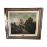 Old painting oil on canvas rémy landscape countryside + vintage wood frame