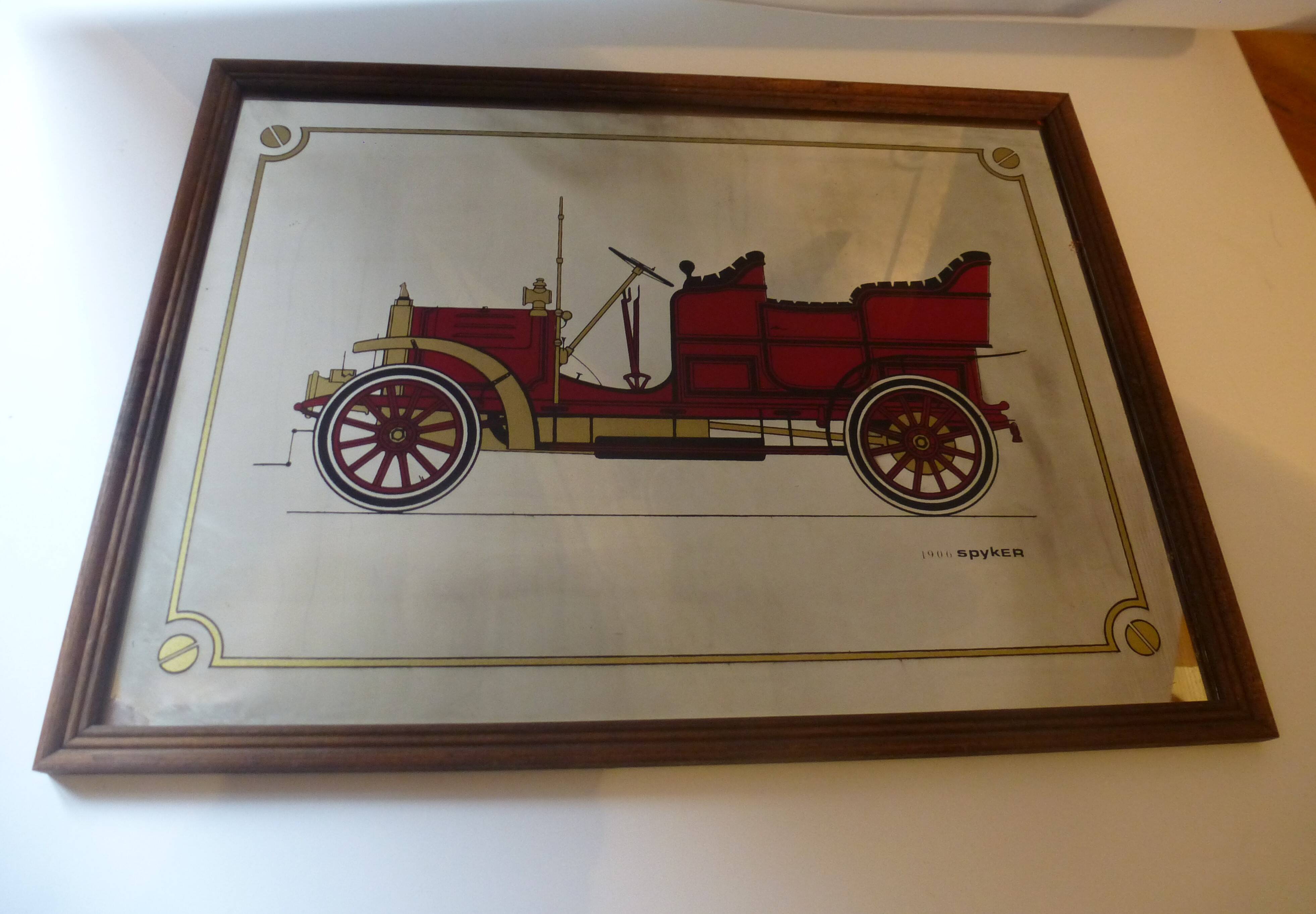 Screen-printed mirror of old car "1906 Spyker" vintage 1970s