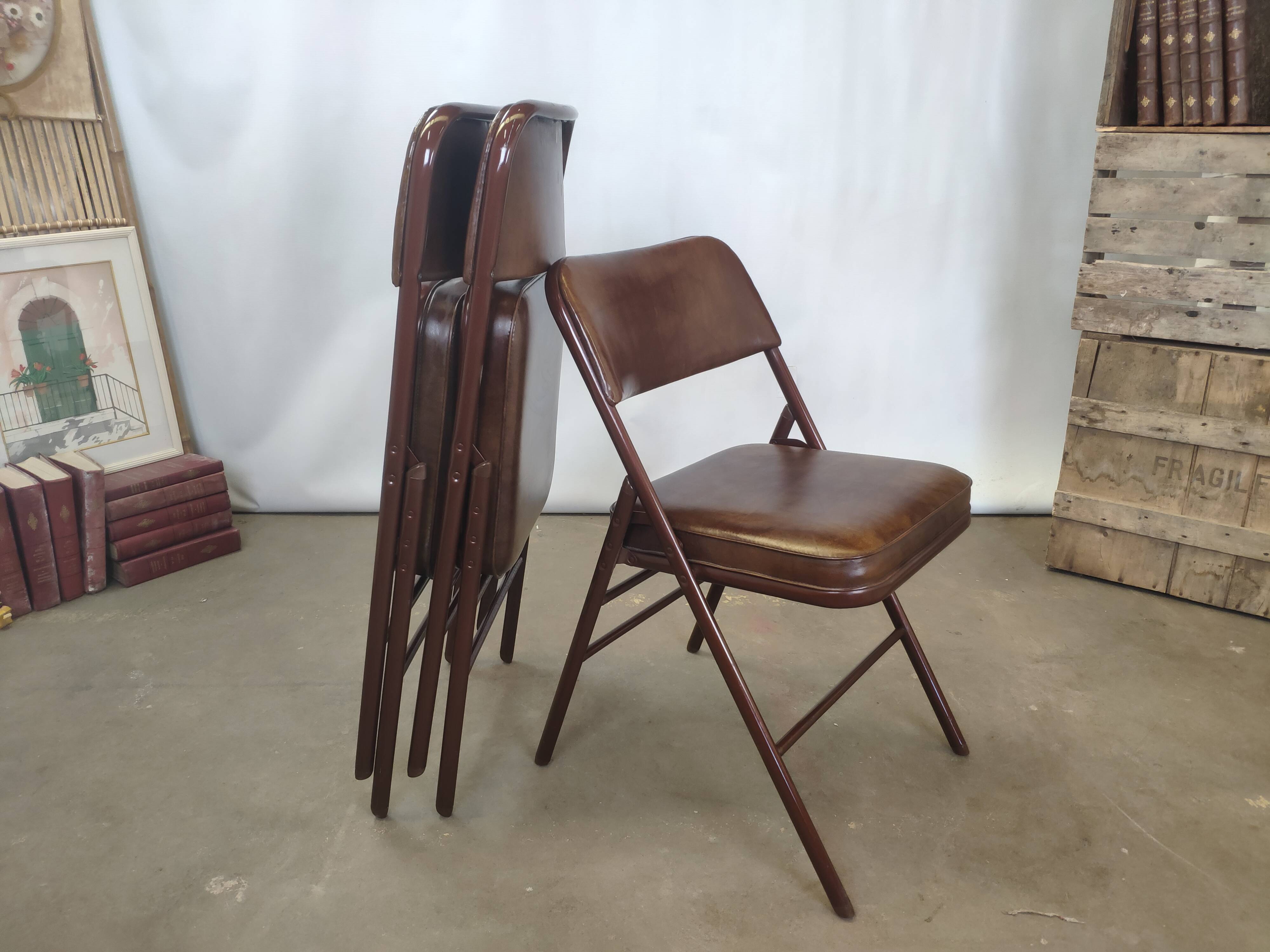 Rare suite de 3 chaises Samsonite 1977 assise marron