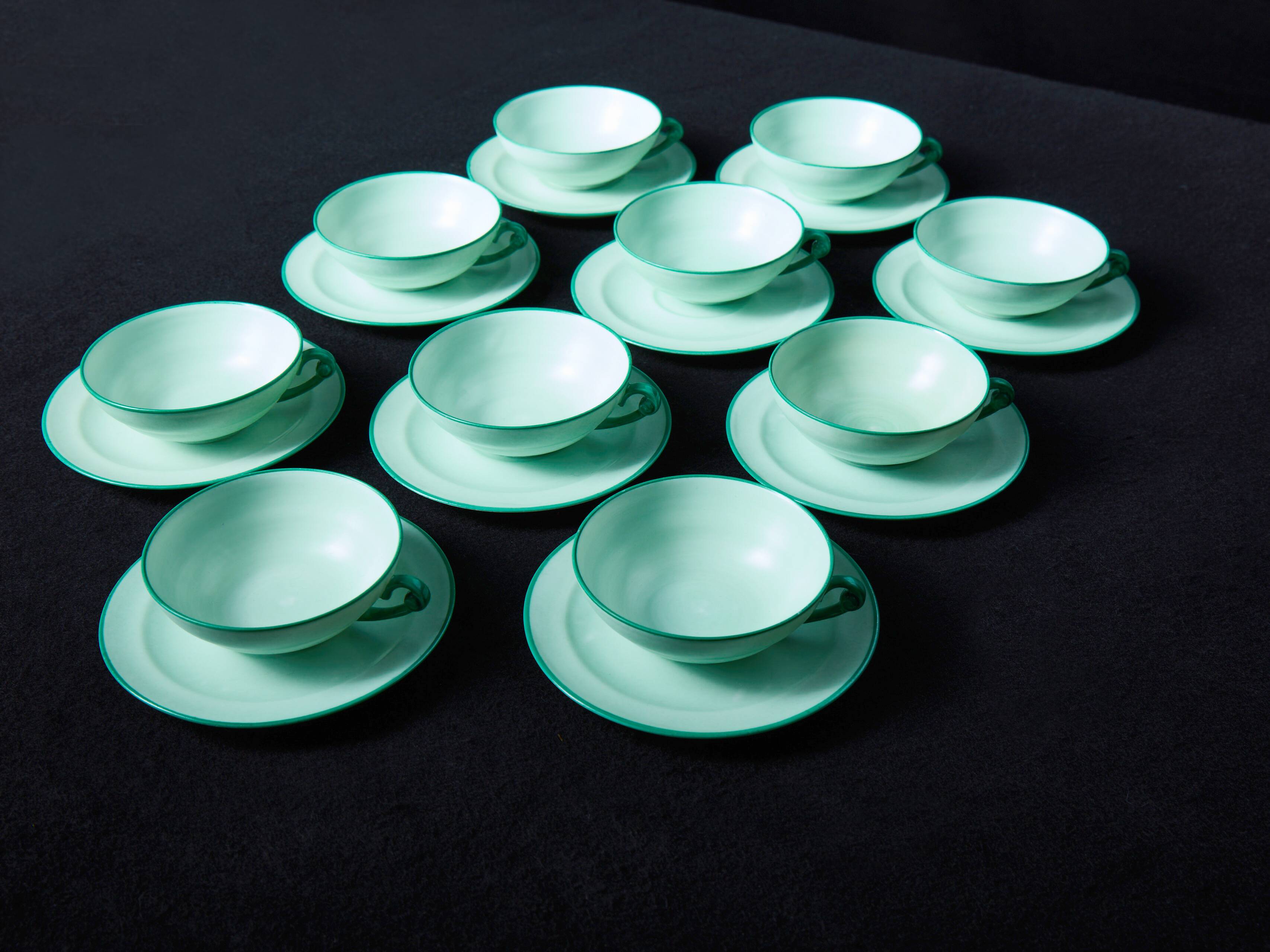 Set of 7 vintage green coffee cups with 12 saucers