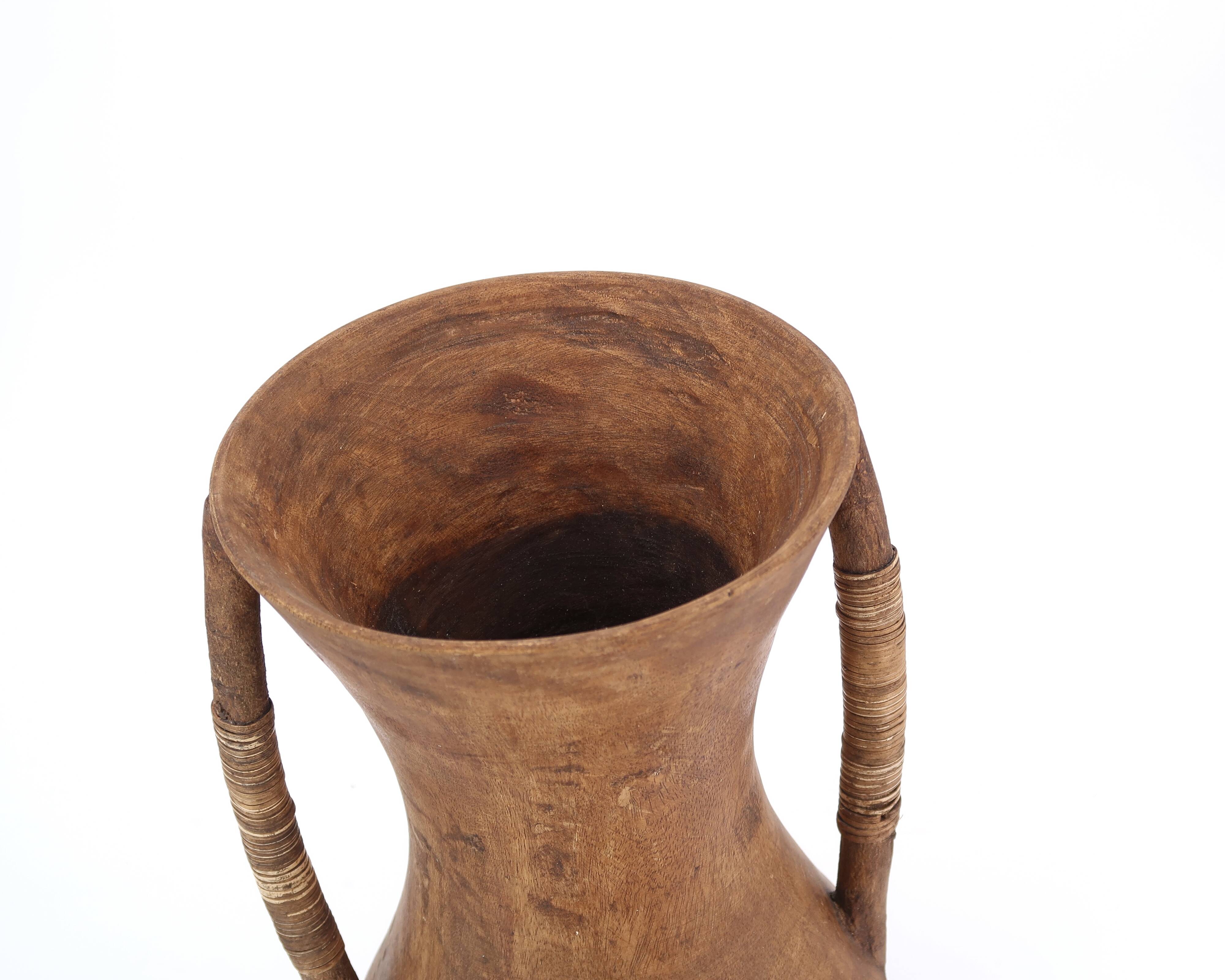 Large wooden vase, handles covered with wicker, 70s jar