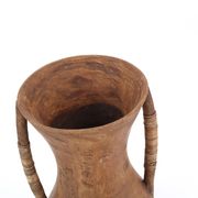 Large wooden vase, handles covered with wicker, 70s jar