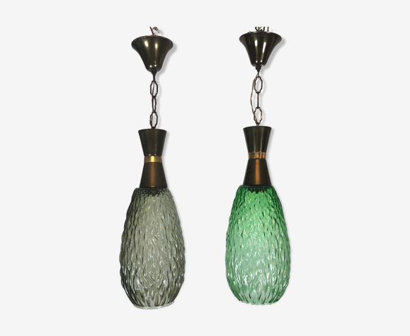 Ensemble de deux lampes italiennes vintage de pendentif en métal et en verre des années 60