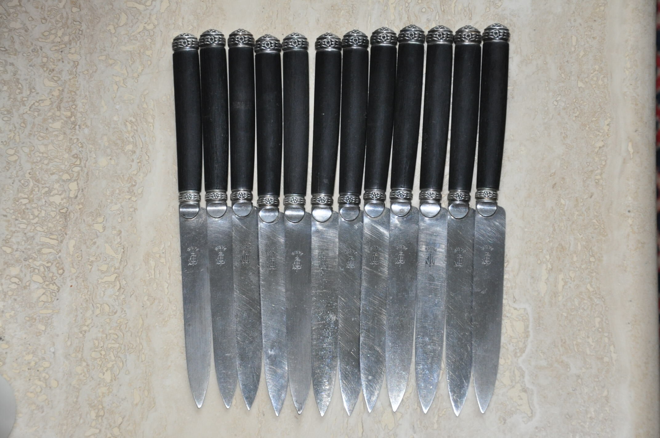 12 Antique silver ebony dessert knives