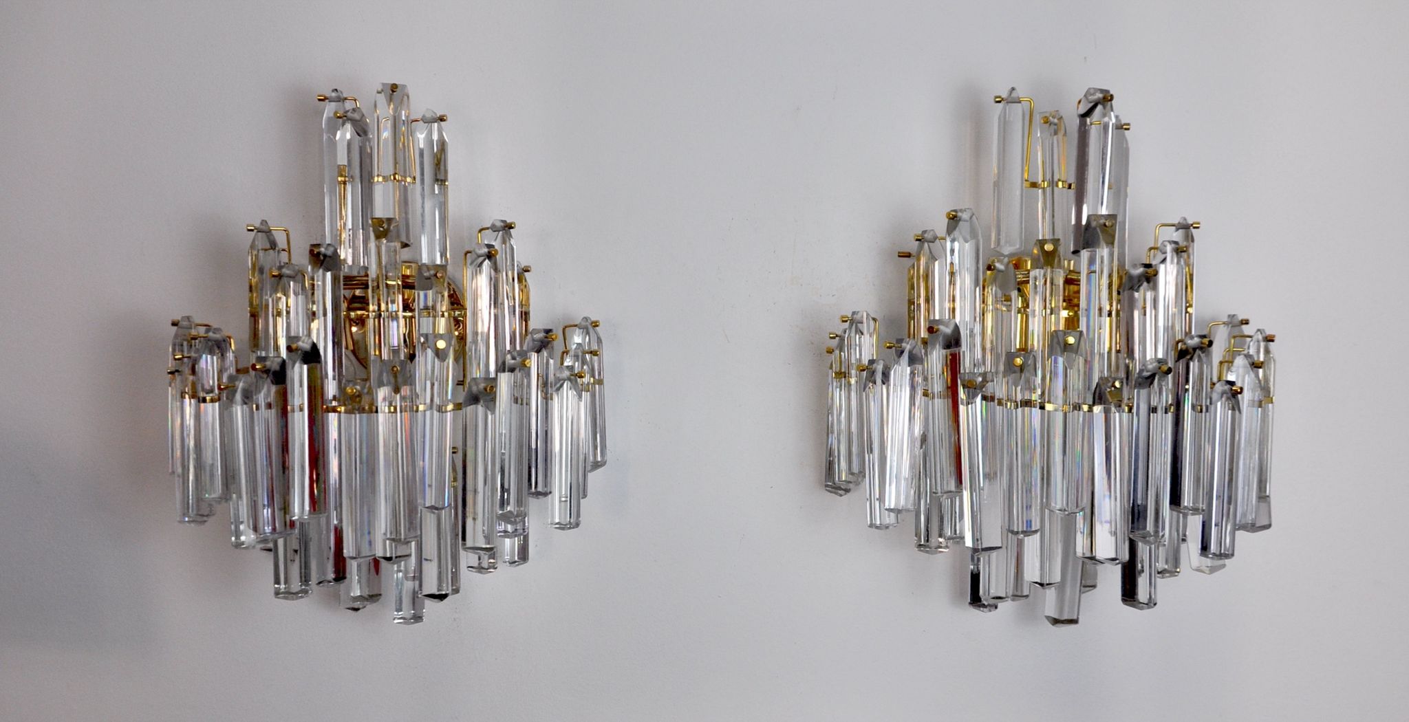 Pair of venini wall lamps, 3 levels, murano glass, italy, 1970