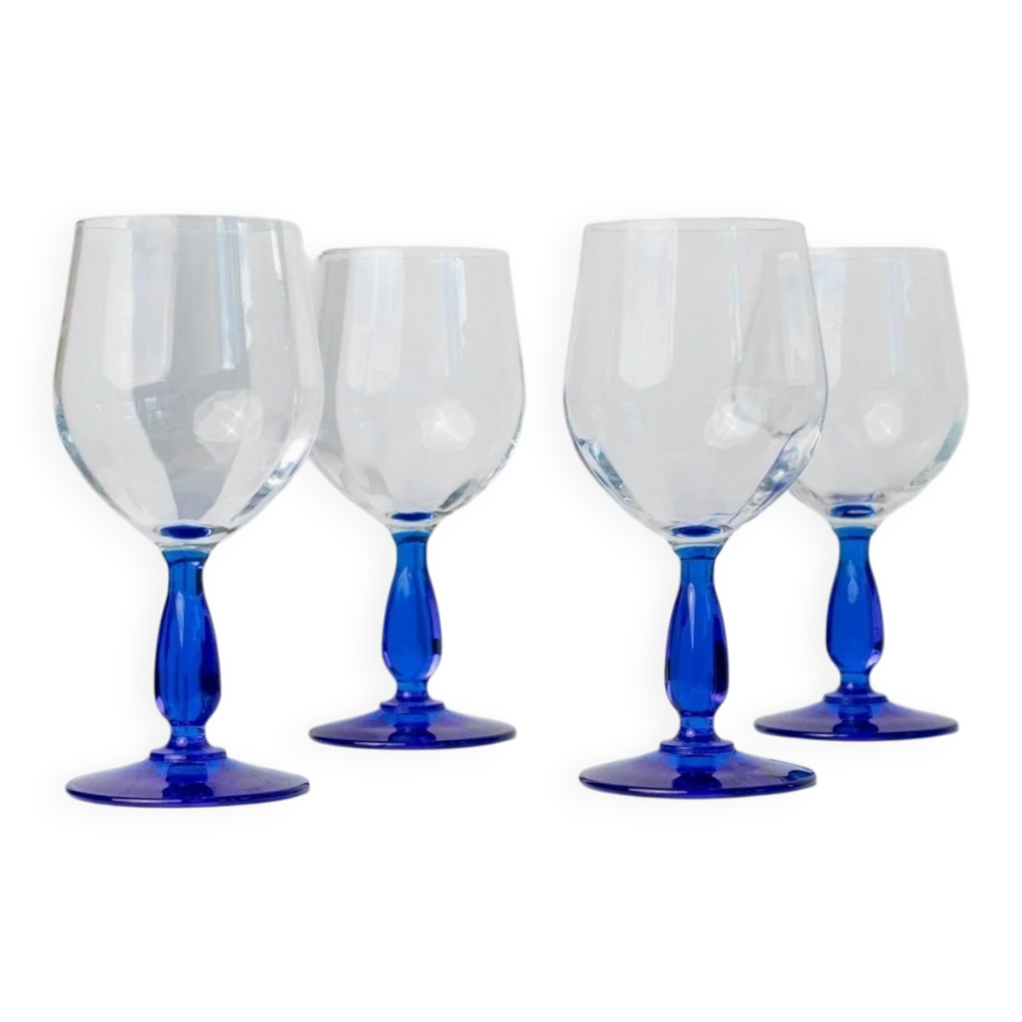 Set of 4 vintage Italian glass wine glasses, clear bowls with royal blue stems, 1980s MCM style