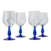 Ensemble de 4 verres à vin en verre vintage italien, bols transparents avec tiges bleu royal, style MCM des années 1980.