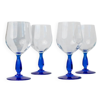 Set of 4 vintage Italian glass wine glasses, clear bowls with royal blue stems, 1980s MCM style