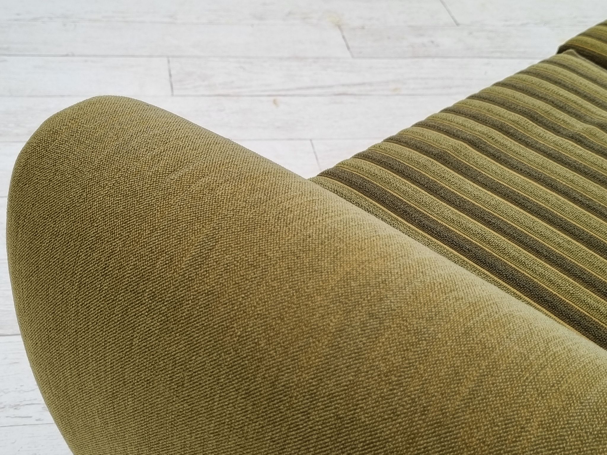 1970s, Danish 3-seater sofa, original very good condition, green furniture fabric, oak