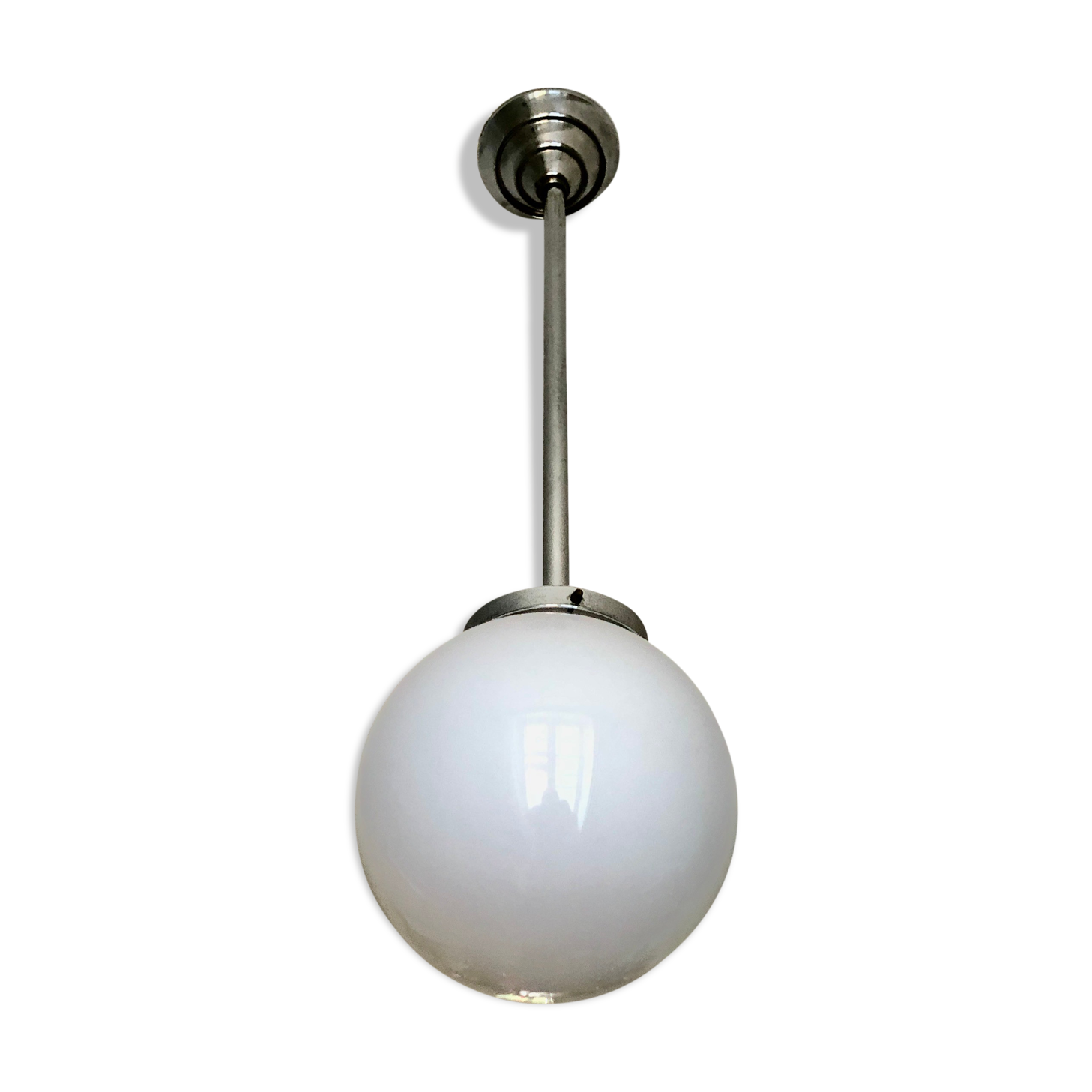 Minimalist chrome and opaline pendant lamp 1950