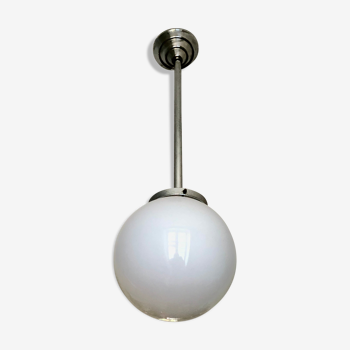 Minimalist chrome and opaline pendant lamp 1950